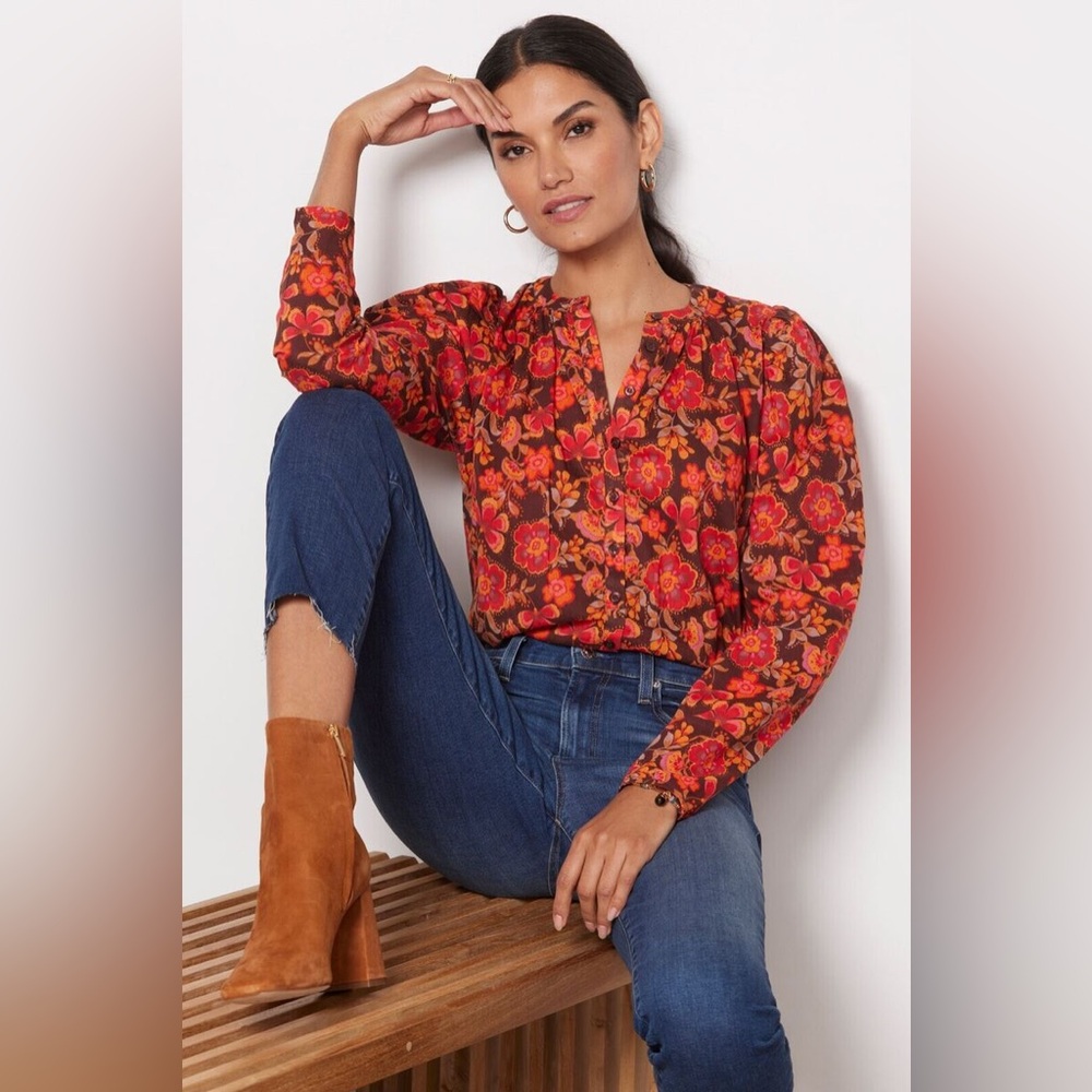 Sundry Floral Puff Sleeve Buttondown Shirt in Mahogany Garnet Size Medium